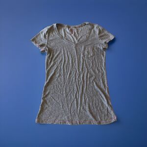 Victorias Secret Cotton Lingerie V-Neck Pocket Tee Gray w/Pink Stitching Medium